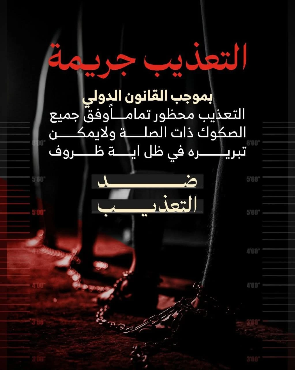 بموجب القانون الدولي التعذيب محظور تماما وفق جميع الصكوك ذات الصلة ولا يمكن تبريره في ظل اية ظروف